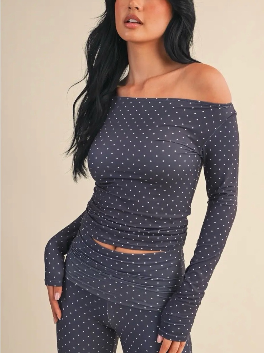 Off-Shoulder Navy Polka Dot Top